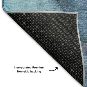 HomeRoots 9' Blue and Gray Abstract Washable Area Rug - Durable, UV Protected, Stylish for Homes with Kids & Pets 701176