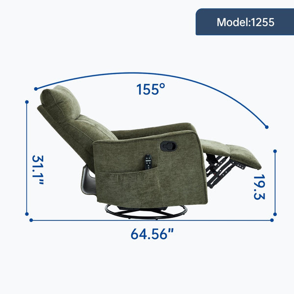 English Elm Beige Fabric Swivel Rocker Recliner with Massage Nodes and Lumbar Heat for Living Room Antique Green W1803P363423