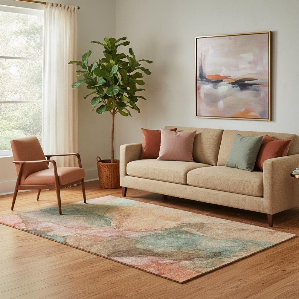 HomeRoots 5' X 8' Coral & Gray Abstract Washable Area Rug - Durable, Stylish, UV-Resistant for Modern Homes 701179