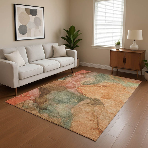 HomeRoots 5' X 8' Coral & Gray Abstract Washable Area Rug - Durable, Stylish, UV-Resistant for Modern Homes 701179