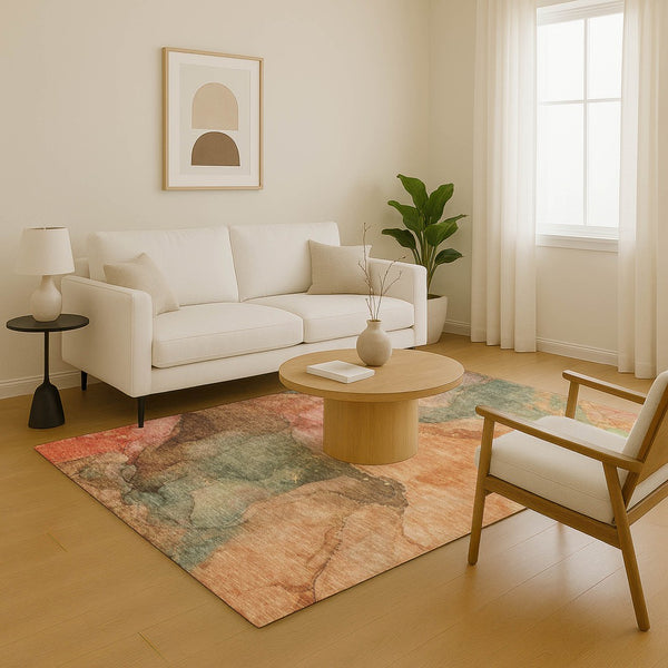 HomeRoots 5' X 8' Coral & Gray Abstract Washable Area Rug - Durable, Stylish, UV-Resistant for Modern Homes 701179