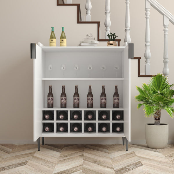 English Elm 2 Door Wine Bar Cabinet with 12-Bottle Rack, Soft-Close Hinges, Adjustable Shelf & Elevated Metal Legs White W2899P372844