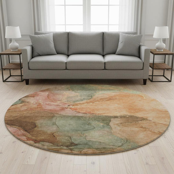 HomeRoots 8' Coral and Gray Abstract Round Rug - Washable, Stain-Resistant, UV Protected for Indoor & Outdoor Use 701180