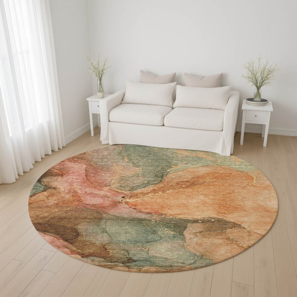 HomeRoots 8' Coral and Gray Abstract Round Rug - Washable, Stain-Resistant, UV Protected for Indoor & Outdoor Use 701180