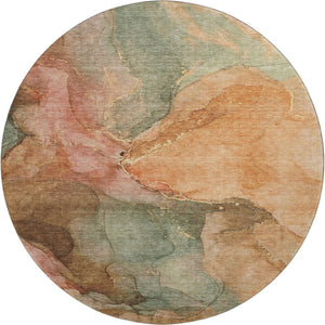 HomeRoots 8' Coral and Gray Abstract Round Rug - Washable, Stain-Resistant, UV Protected for Indoor & Outdoor Use 701180