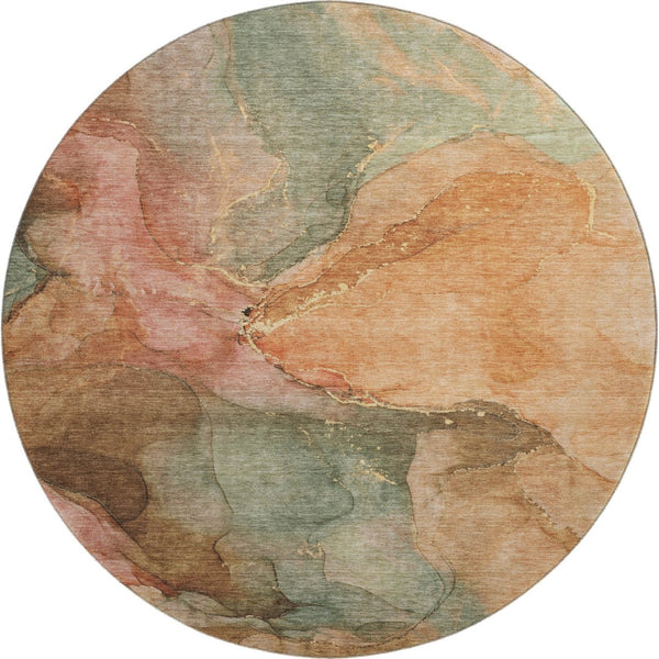 HomeRoots 8' Coral and Gray Abstract Round Rug - Washable, Stain-Resistant, UV Protected for Indoor & Outdoor Use 701180