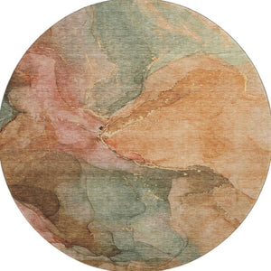 HomeRoots 8' Coral and Gray Abstract Round Rug - Washable, Stain-Resistant, UV Protected for Indoor & Outdoor Use 701180