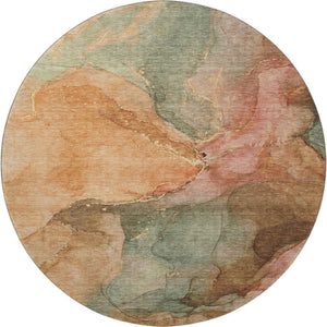 HomeRoots 8' Coral and Gray Abstract Round Rug - Washable, Stain-Resistant, UV Protected for Indoor & Outdoor Use 701180