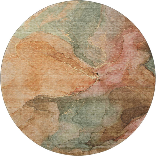 HomeRoots 8' Coral and Gray Abstract Round Rug - Washable, Stain-Resistant, UV Protected for Indoor & Outdoor Use 701180