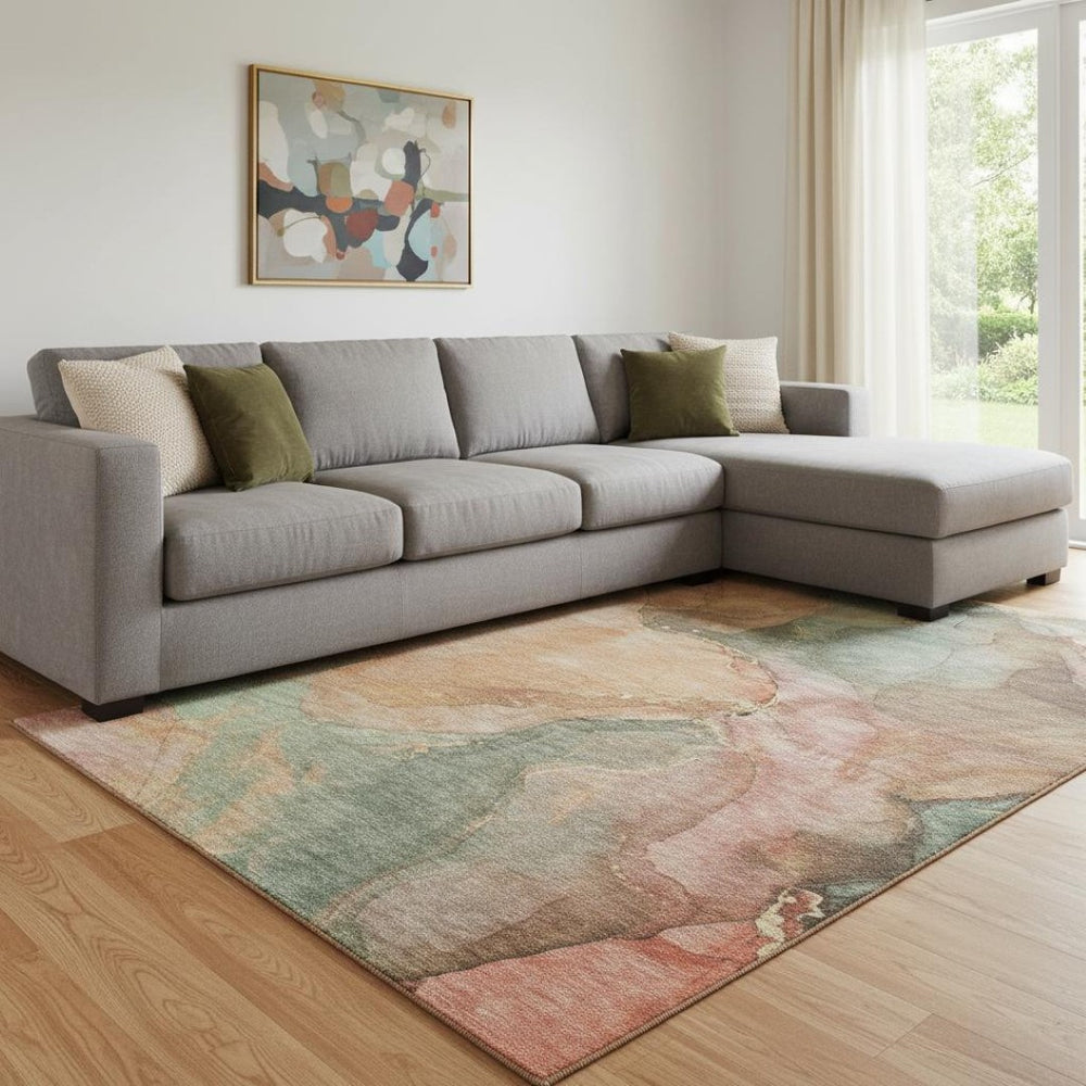 HomeRoots 8' Coral and Gray Abstract Area Rug - Washable, UV Protected, Non-Slip, Perfect for High-Traffic Spaces 701181