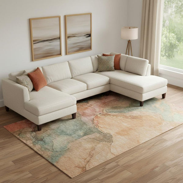 HomeRoots 10' X 14' Coral & Gray Abstract Area Rug - Stylish, Washable, UV-Protected for Busy Homes & Pets 701183