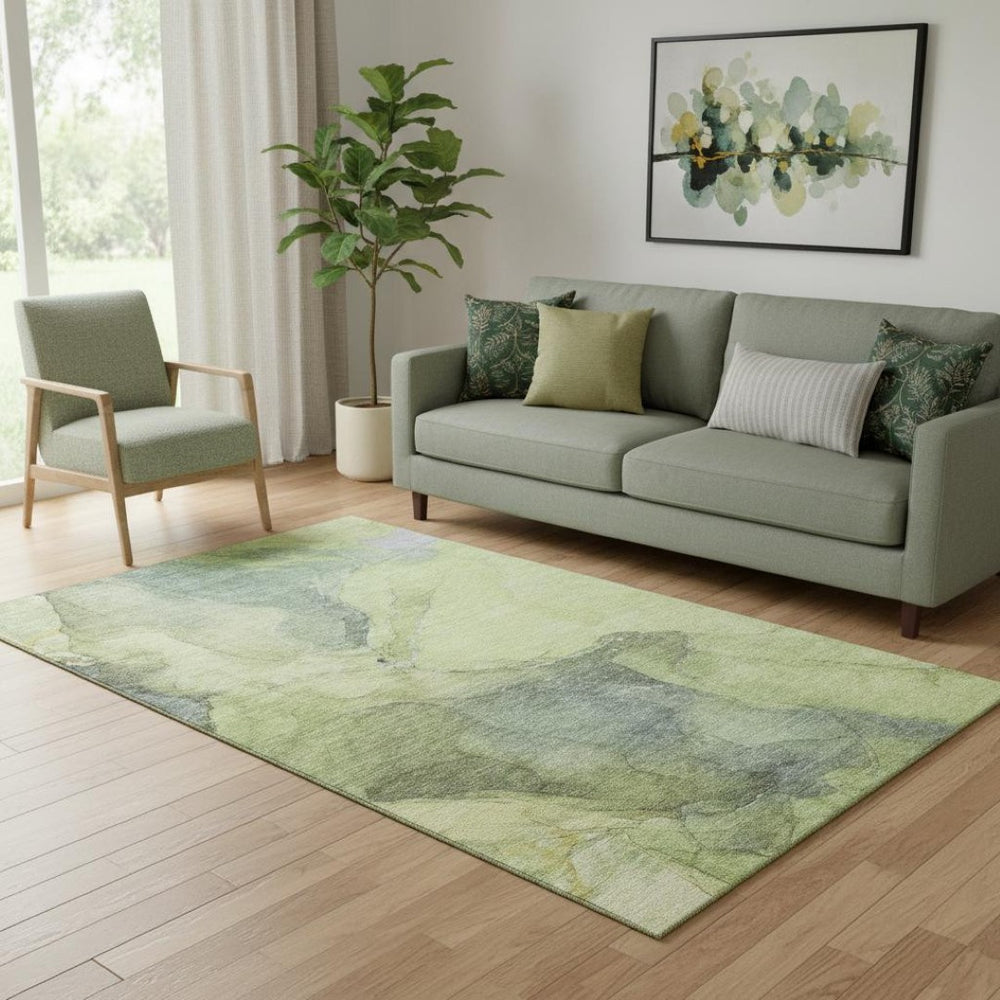 HomeRoots 5' X 8' Green and Gray Abstract Area Rug - Washable, Stain-Resistant, UV Protected, Non-Slip Design 701185