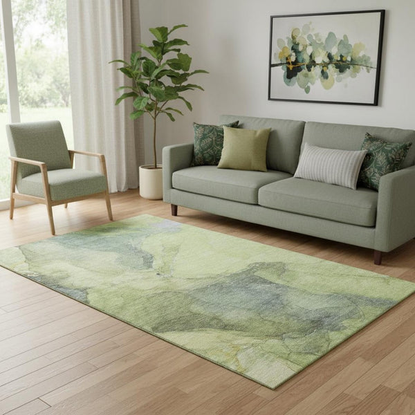HomeRoots 5' X 8' Green and Gray Abstract Area Rug - Washable, Stain-Resistant, UV Protected, Non-Slip Design 701185