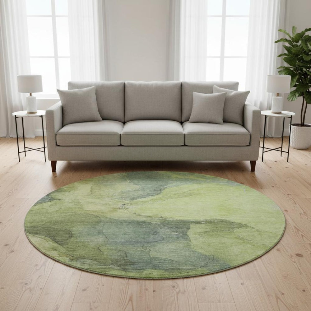 HomeRoots 8' Green and Gray Abstract Washable Round Rug - Durable, UV Protected, Modern Design for Your Home 701186
