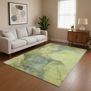 HomeRoots 10' X 14' Green & Gray Abstract Washable Area Rug – Durable, UV-Protected, Modern Design for Homes 701189