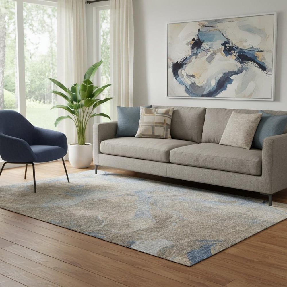 HomeRoots 5' X 8' Stylish Taupe & Blue Abstract Washable Area Rug with UV Protection for Homes with Pets & Kids 701191