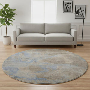 HomeRoots 8' Stylish Taupe and Blue Abstract Round Rug – Washable, Stain-Resistant, UV Protected for Any Space 701192