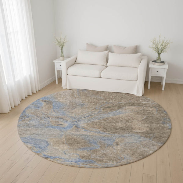 HomeRoots 8' Stylish Taupe and Blue Abstract Round Rug – Washable, Stain-Resistant, UV Protected for Any Space 701192