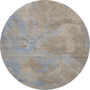 HomeRoots 8' Stylish Taupe and Blue Abstract Round Rug – Washable, Stain-Resistant, UV Protected for Any Space 701192