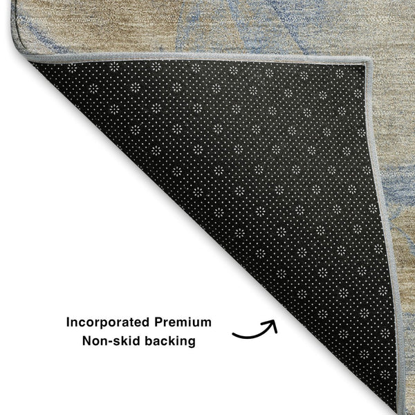 HomeRoots 8' Stylish Taupe and Blue Abstract Round Rug – Washable, Stain-Resistant, UV Protected for Any Space 701192