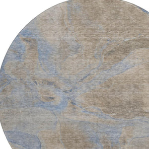 HomeRoots 8' Stylish Taupe and Blue Abstract Round Rug – Washable, Stain-Resistant, UV Protected for Any Space 701192