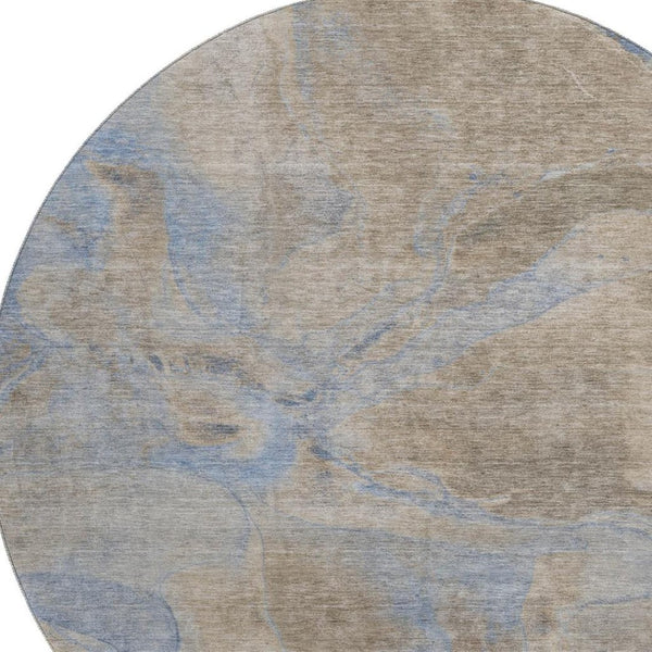HomeRoots 8' Stylish Taupe and Blue Abstract Round Rug – Washable, Stain-Resistant, UV Protected for Any Space 701192