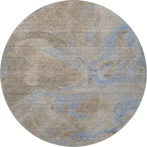 HomeRoots 8' Stylish Taupe and Blue Abstract Round Rug – Washable, Stain-Resistant, UV Protected for Any Space 701192