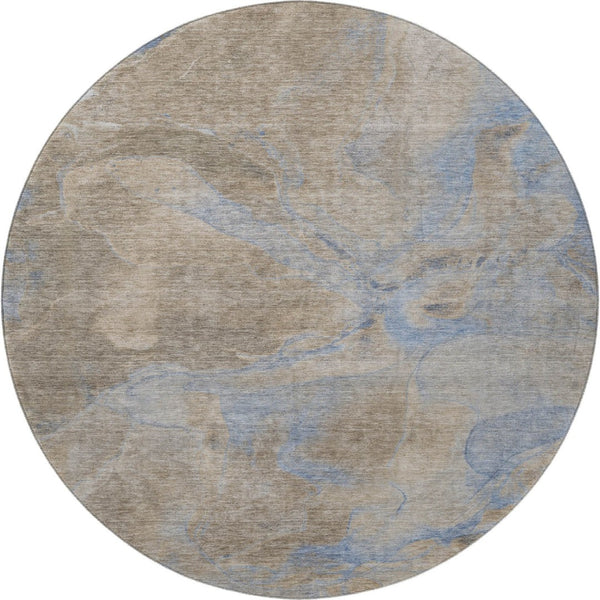 HomeRoots 8' Stylish Taupe and Blue Abstract Round Rug – Washable, Stain-Resistant, UV Protected for Any Space 701192