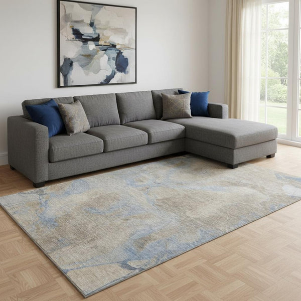 HomeRoots 8' X 10' Modern Abstract Taupe and Blue Washable Area Rug with Stain Resistance & UV Protection 701193