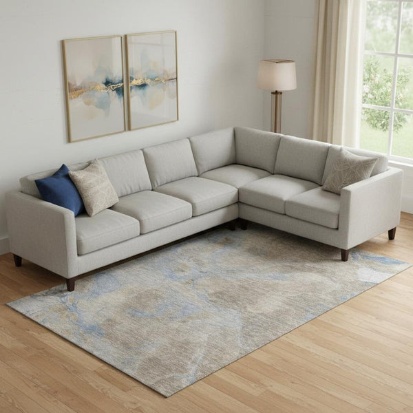 HomeRoots 9' X 12' Taupe and Blue Abstract Washable Area Rug – Durable, Stain-Resistant, UV Protected Design! 701194