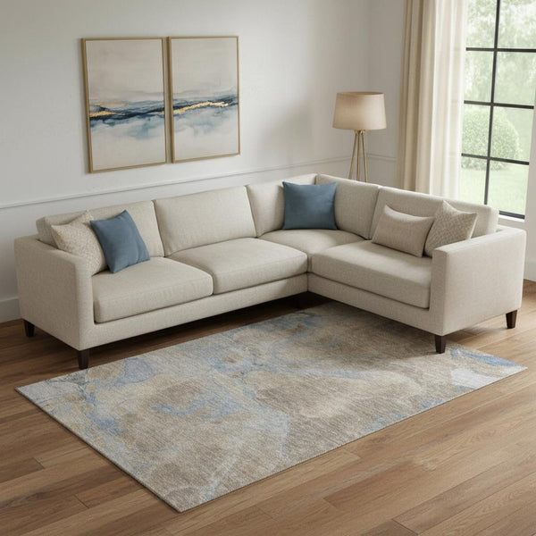 HomeRoots 10' X 14' Taupe And Blue Abstract Area Rug - Washable, UV Protected, Stain-Resistant & Durable Design 701195