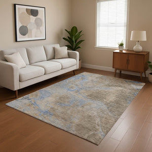 HomeRoots 10' X 14' Taupe And Blue Abstract Area Rug - Washable, UV Protected, Stain-Resistant & Durable Design 701195