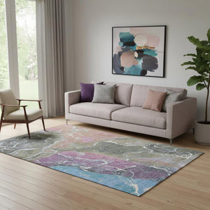 HomeRoots 5' X 8' Washable Abstract Area Rug in Brown, Purple & Blue - UV Protected for Stylish Durability! 701197