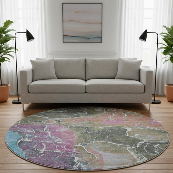 HomeRoots 8' Modern Abstract Round Rug in Brown, Purple & Blue - Washable, UV Protected, Stain Resistant Style 701198