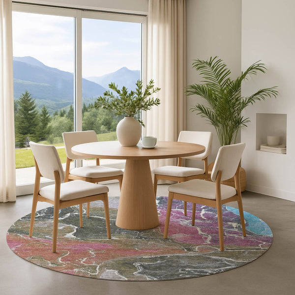 HomeRoots 8' Modern Abstract Round Rug in Brown, Purple & Blue - Washable, UV Protected, Stain Resistant Style 701198