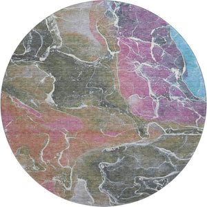 HomeRoots 8' Modern Abstract Round Rug in Brown, Purple & Blue - Washable, UV Protected, Stain Resistant Style 701198