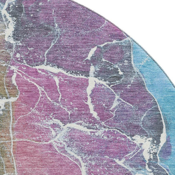 HomeRoots 8' Modern Abstract Round Rug in Brown, Purple & Blue - Washable, UV Protected, Stain Resistant Style 701198