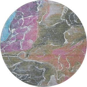 HomeRoots 8' Modern Abstract Round Rug in Brown, Purple & Blue - Washable, UV Protected, Stain Resistant Style 701198