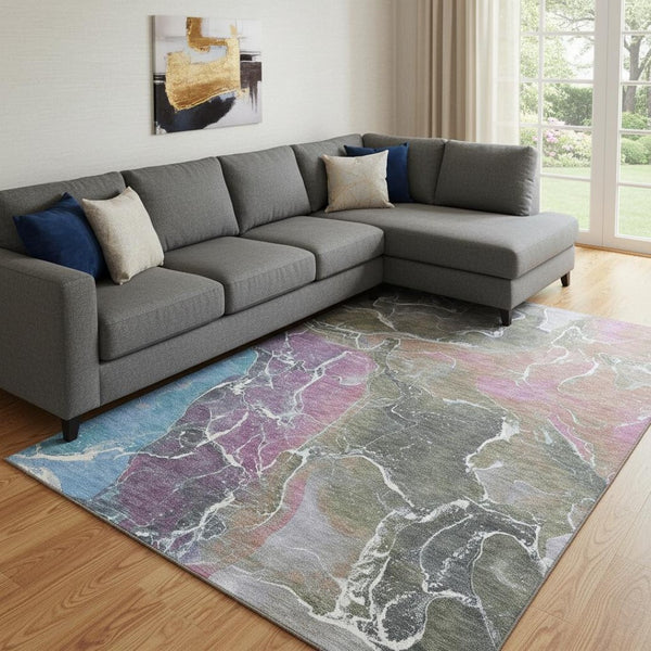 HomeRoots 8' X 10' Abstract Washable Area Rug in Brown, Purple & Blue – Durable, UV Protected, Easy Care Design 701199
