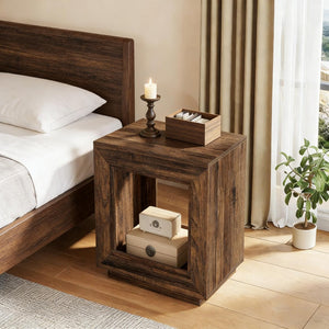 English Elm Modern Two Tier End Table Black Metal Frame Wood Grain Surface for Living Room T3971P451574