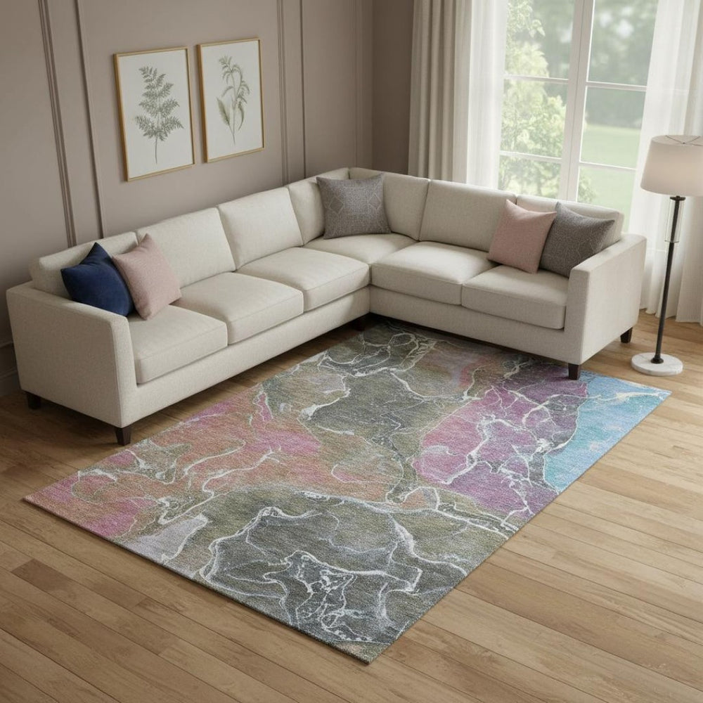 HomeRoots 9' X 12' Washable Area Rug in Abstract Brown, Purple & Blue - UV Protected & Non-Slip for Homes 701200