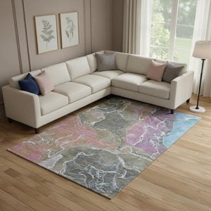 HomeRoots 9' X 12' Washable Area Rug in Abstract Brown, Purple & Blue - UV Protected & Non-Slip for Homes 701200