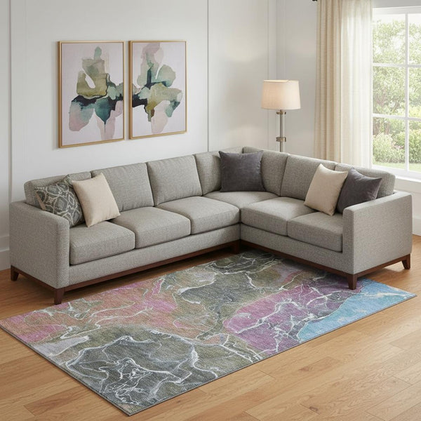 HomeRoots 10' Washable Area Rug in Brown, Purple & Blue Abstract Design with UV Protection & Stain Resistance 701201
