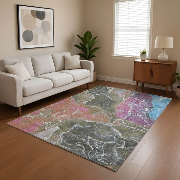 HomeRoots 10' Washable Area Rug in Brown, Purple & Blue Abstract Design with UV Protection & Stain Resistance 701201