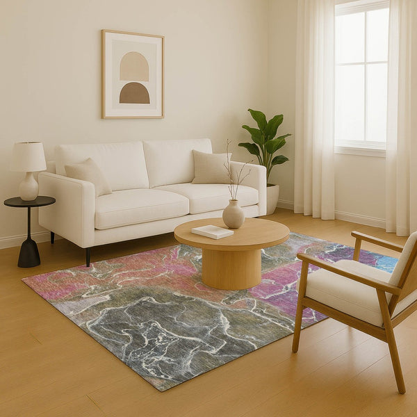 HomeRoots 10' Washable Area Rug in Brown, Purple & Blue Abstract Design with UV Protection & Stain Resistance 701201