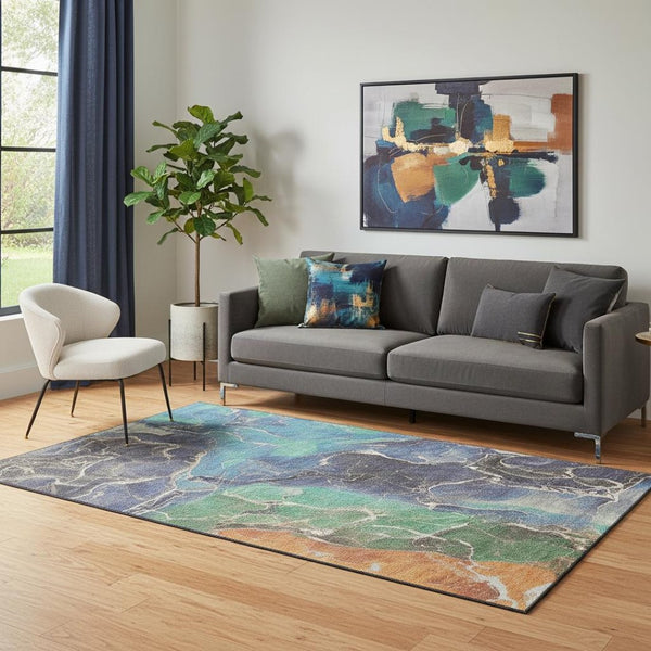 HomeRoots 5' X 8' Vibrant Blue Green and Orange Abstract Area Rug - Washable, Stain-Resistant, UV Protected Decor 701203