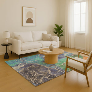 HomeRoots 5' X 8' Vibrant Blue Green and Orange Abstract Area Rug - Washable, Stain-Resistant, UV Protected Decor 701203