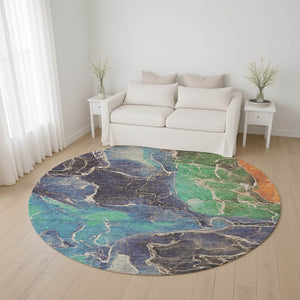 HomeRoots 8' Vibrant Blue Green Orange Abstract Washable Round Rug with UV Protection for Indoor & Outdoor Use 701204