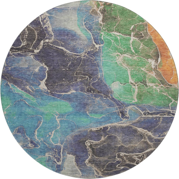 HomeRoots 8' Vibrant Blue Green Orange Abstract Washable Round Rug with UV Protection for Indoor & Outdoor Use 701204
