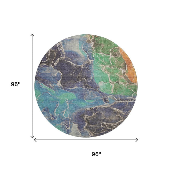 HomeRoots 8' Vibrant Blue Green Orange Abstract Washable Round Rug with UV Protection for Indoor & Outdoor Use 701204